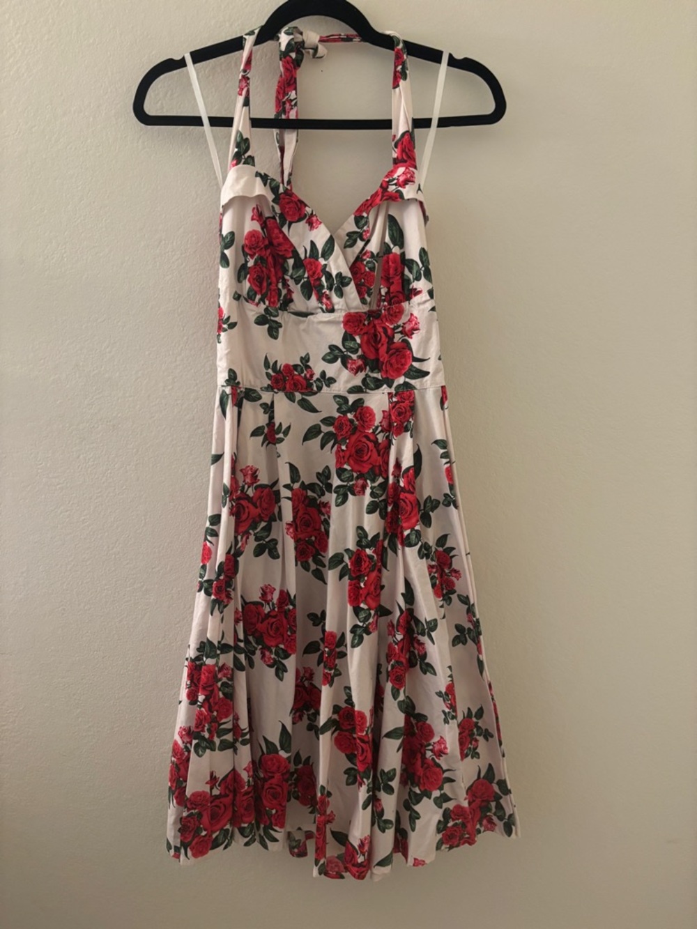 Hell Bunny White Midi Dress with Red Rose Print